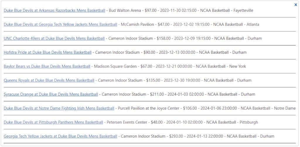 Duke Blue Devils with Category - Only the NCAA Men's Basketball Team Events Show Up